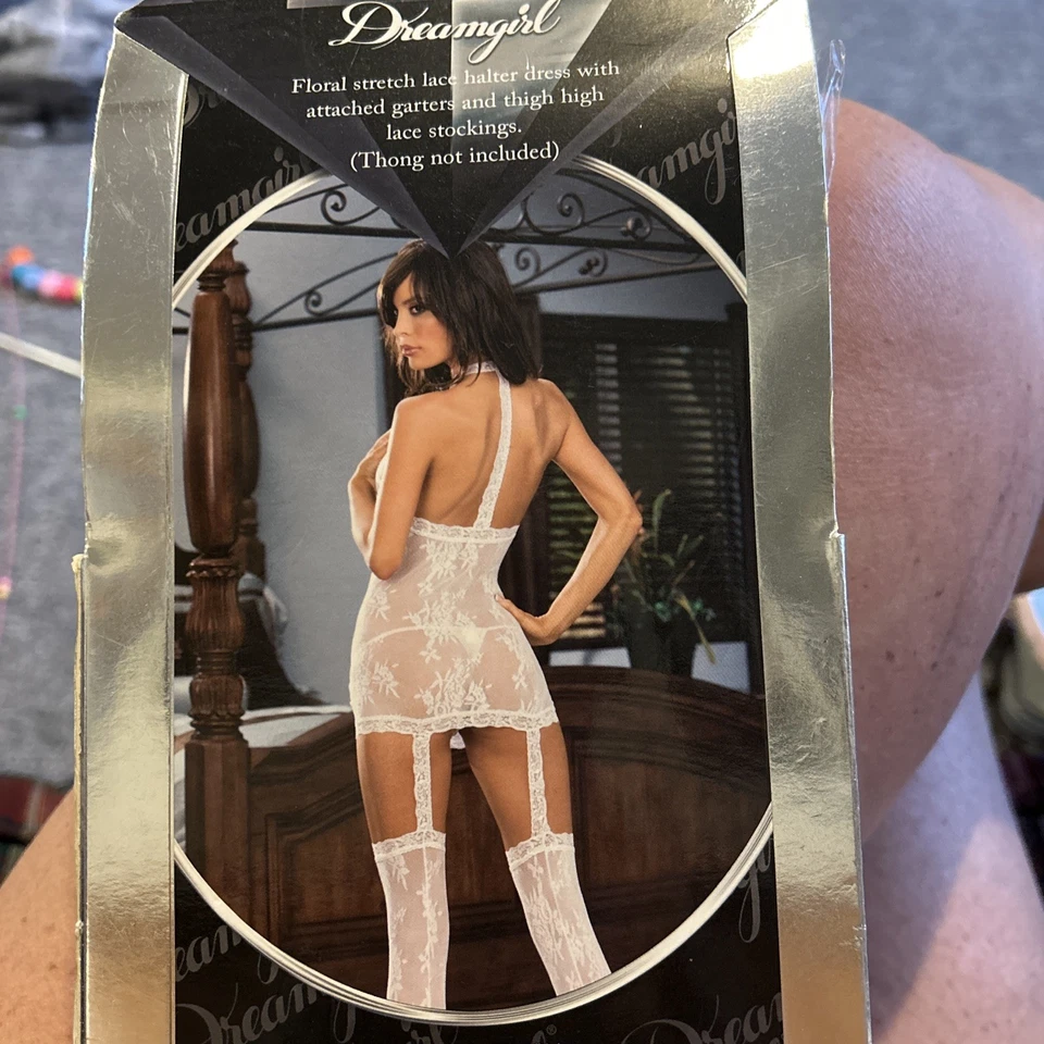 Vestido lencería halter de red Dreamgirl y medias ligeras adjuntas blancas 0074 Foto 4 de 4