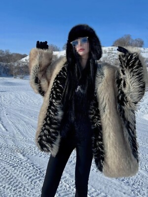 Fox Fur Faux Coyote Fur Coat Winter Womens Faux Fox Fur Hip Length