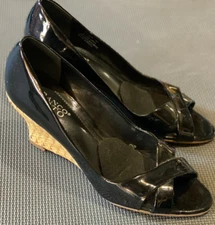 FRANCO SARTO BLACK PATENT LEATHER PEEP TOE RATTAN WEAVE WEDGE HEEL WOMENS SZ 10M