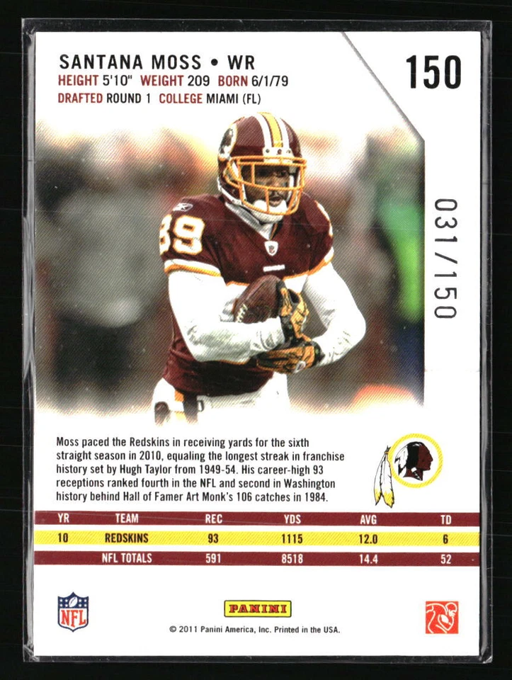 Santana Moss 2011 Panini Rookies & Stars Longevity 31/150 #150 Football Card - Image 2 of 2