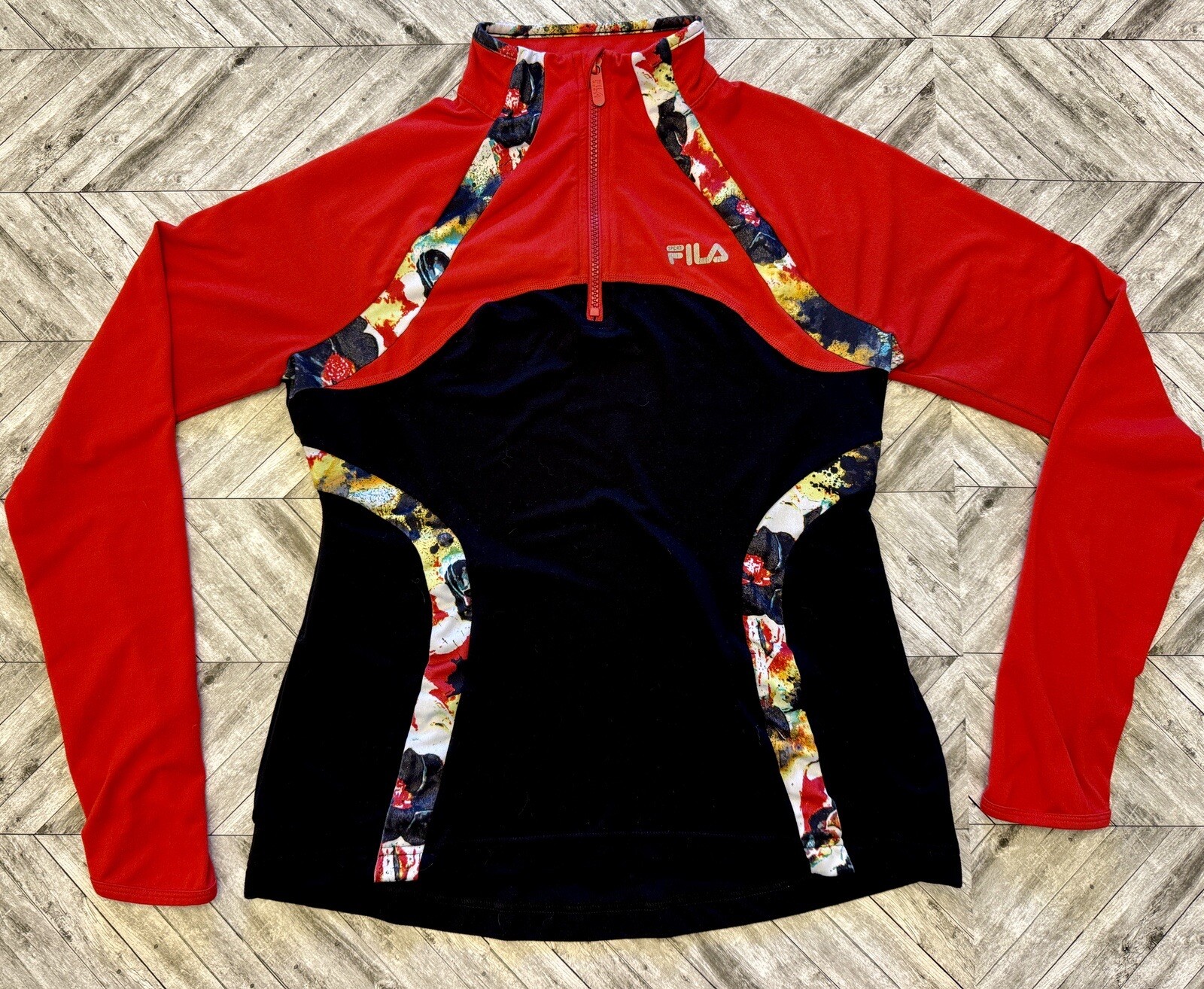 Fila Giacca Donna M Rosso Nero Floreale 1 4 Zip Felpa Outdoor Corsa Escursionismo