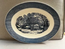 Currier & Ives Platter Oval Meat Plate MCM Blue & White VTG Ceramic Transferware