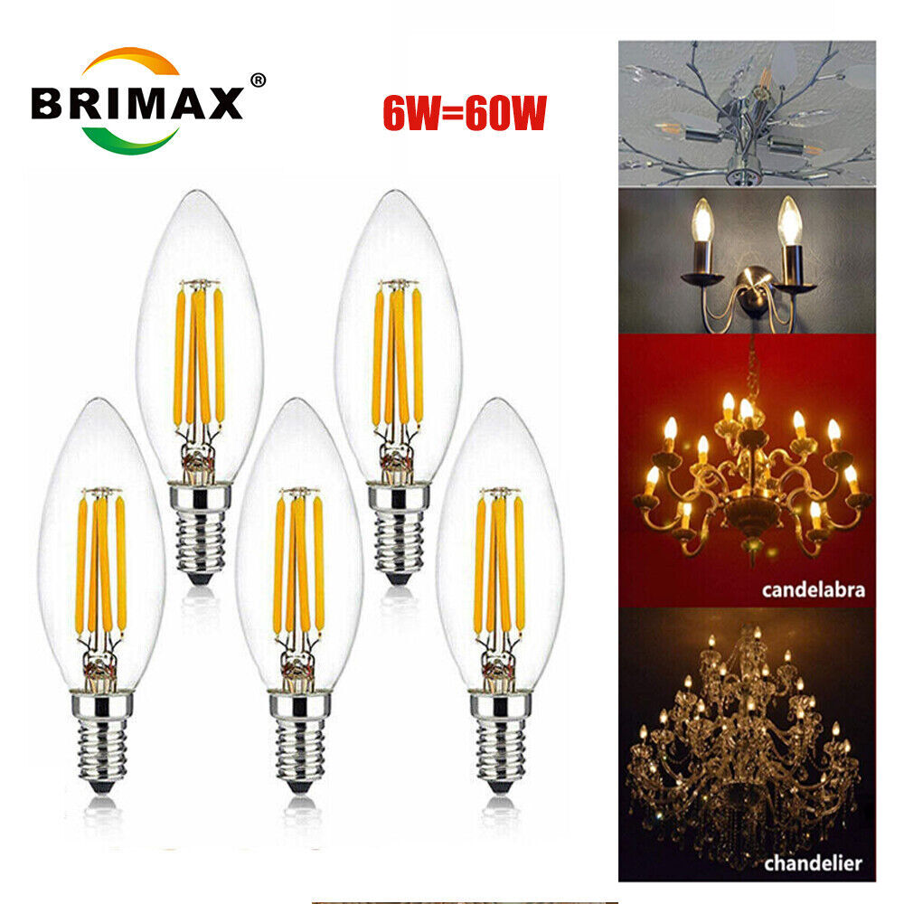 E14 LED Bulbs Candle 6W Filament Glass Light Dimmable Candelabra Chandelier Bulb