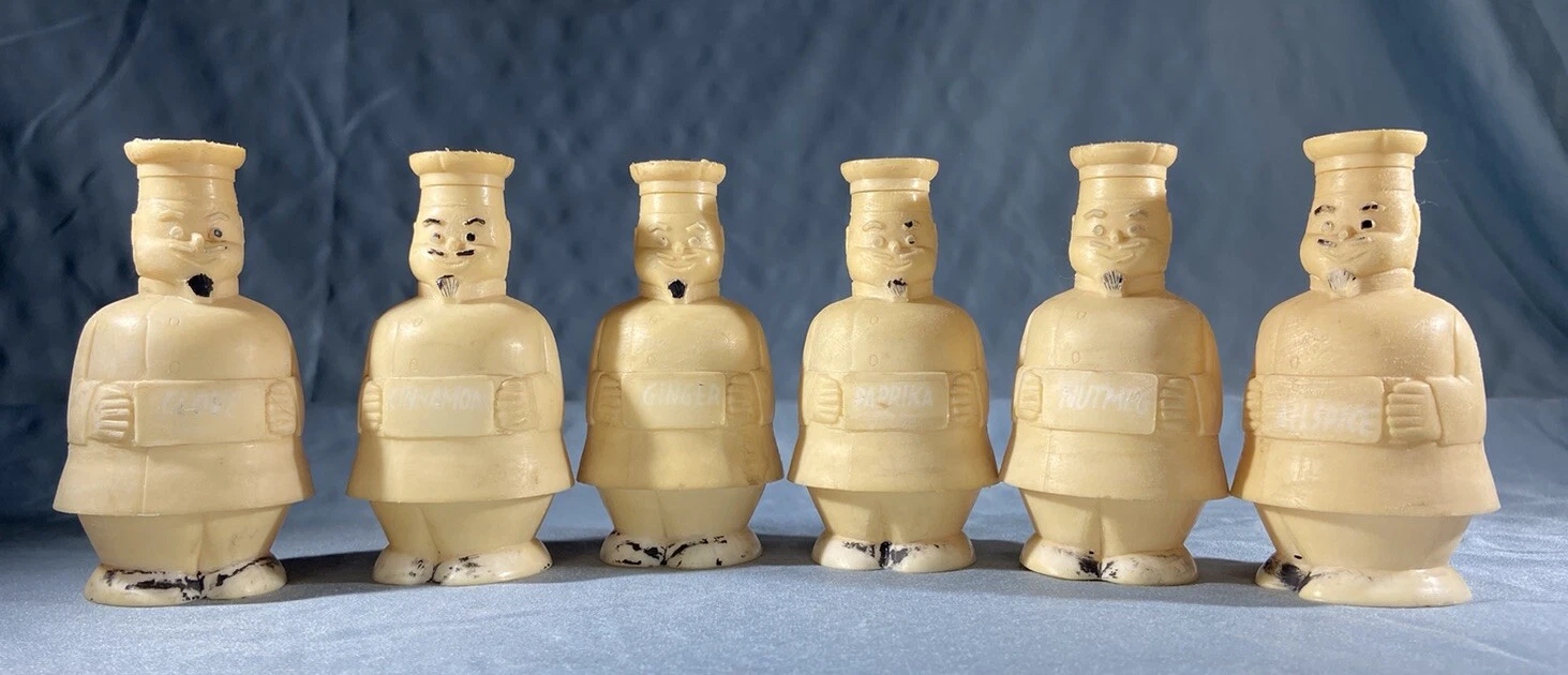 Vintage 1950's Figural Chef Spice Jars Set of 6 Kitchen Spice Set