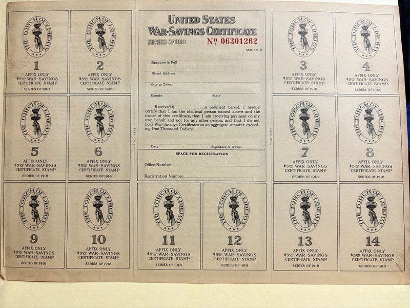 Original 1918 WWI U.S. War Savings Certificate Sheet Unused Treasury WSS