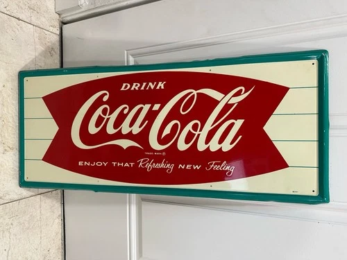 Vintage Drink COCA COLA Fishtail Tin Sign Original Rare Size 12x28 Enjoy That Re