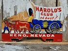 VINTAGE HAROLDS CLUB PORCELAIN SIGN OLD RENO NEVADA CASINO GAMBLING HOTEL WAGON