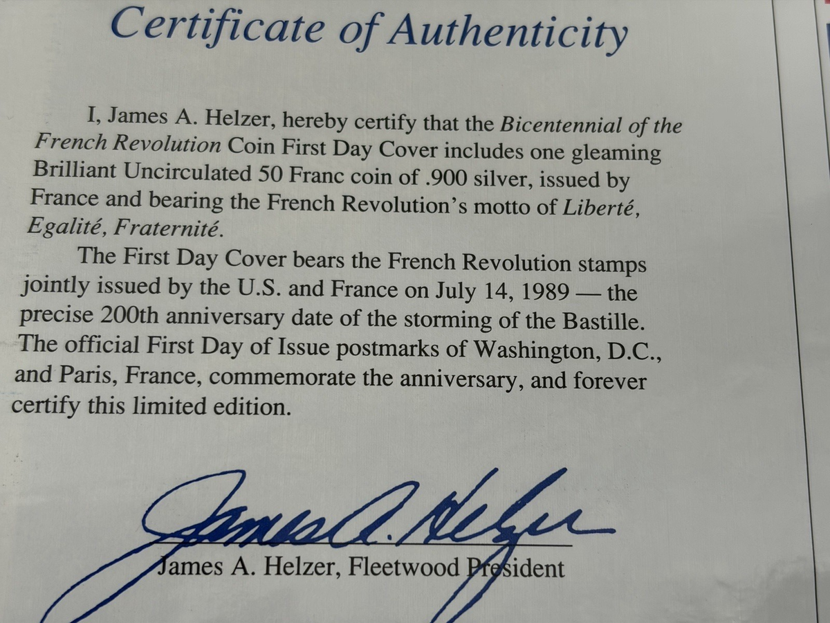 1789-1989 50 Fr. 900 Brilliant Silver Coin Bicentennial French