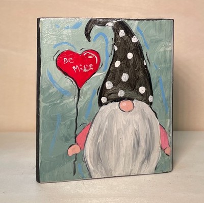 Mary Myers Original Art Block Gnome Be Mine Heart Reclaimed Wood
