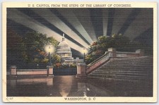 Vintage Linen Postcard U.S. Capitol from Library of Congress Steps DC