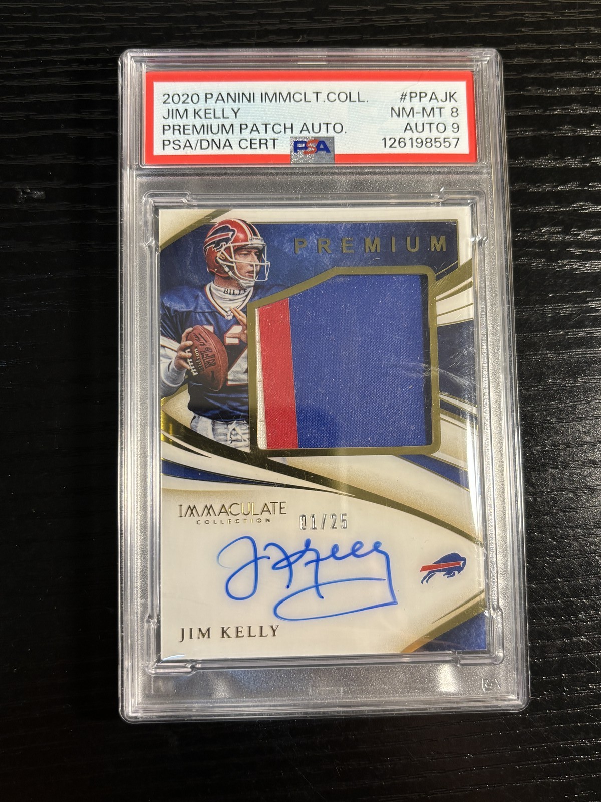 2020 Panini Immaculate Collection JIM KELLY #PPA-JK Premium Patch Auto /25 PSA 8