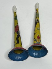 Vintage 1950s Tin Litho Noisemakers Metal Horn Set Of 2 Kids Dancers Ball Works