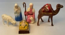 5 Nativity Figurines Hard Plastic Christmas Camel Sheep Manger Jesus Mary Vtg