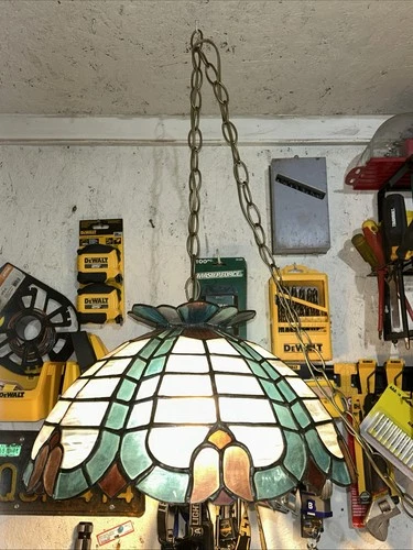 Vintage Stained Glass Hanging Light Tiffany Style Rose Pattern Blue White...