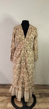 Cleobella Floral Cotton Metallic Maxi Dress Button Ruffle Long Sleeve Beige M