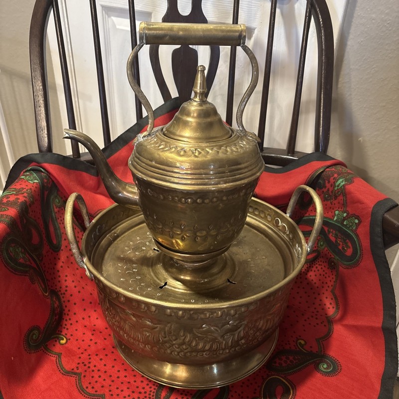 Authentic Vintage Moroccan Brass Hand Washing Basin and Kettle, Two-Handle Basin