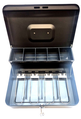 Solid Steel Cash Box With Key Lock And Tiered Tray For Secure Storage