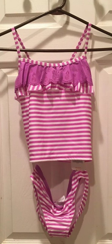NEW Gymboree Girls L 10 12 Swimsuit Tankini Purple White Stripes