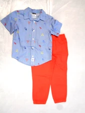 Boys Unbranded Short Sleeve Button-UP Shirt & Orange Jogger Pant 2PC. Set Sz 4-7