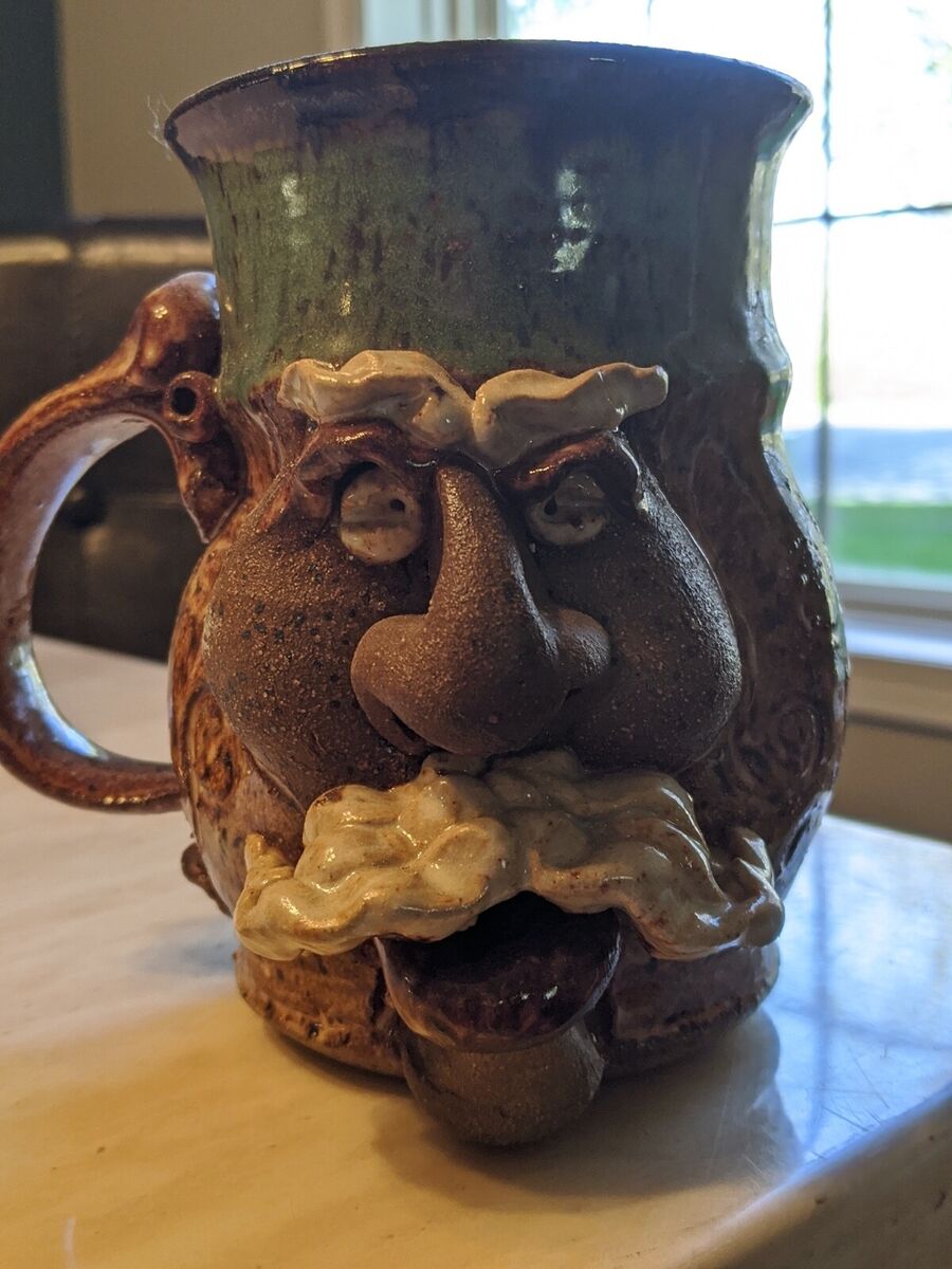 Ugly Face Mug Stein Mustache Man Vintage American Studio Pottery Folk Art