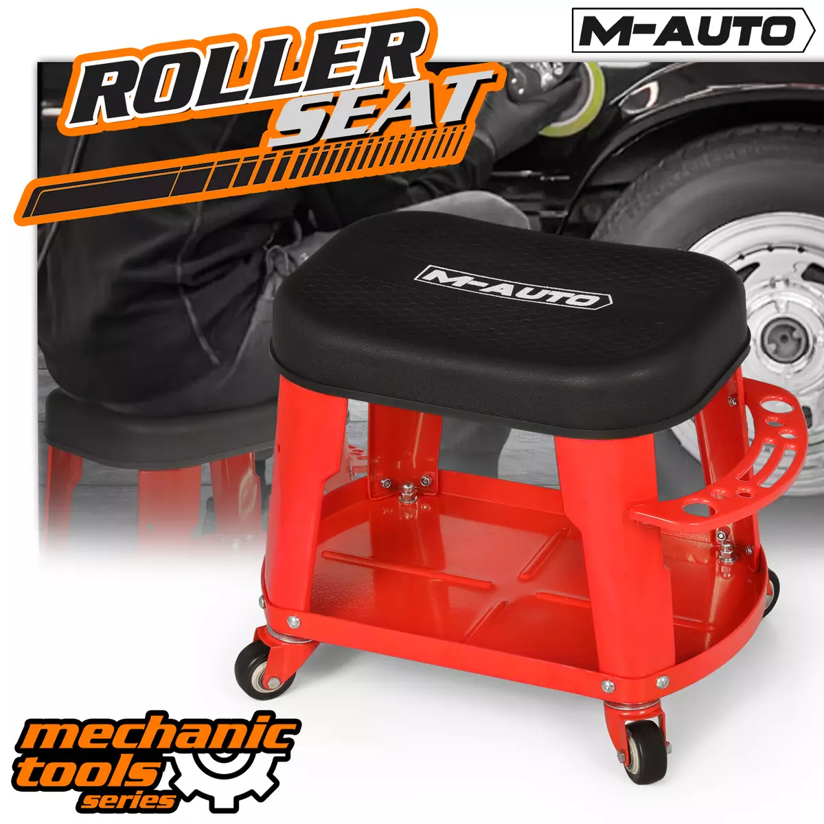Red TOOL TRAY HOLDER Rolling Garage Automotive Stool Vehicle Repair Creeper Seat