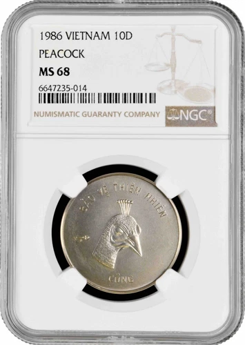 Vietnam 10 dong 1986, NGC MS68, "Natural Protection - Peacock" Cu-Ni coin