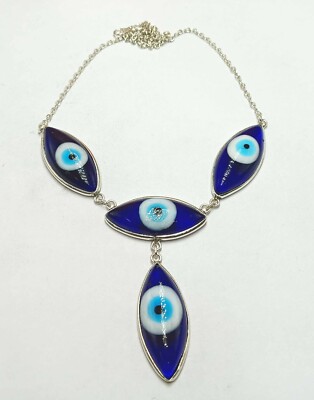 Greek Protection  Evil Eye Gemstone 925 Silver Plated Handmade Necklace Jewelry