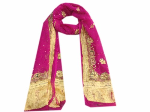 Om Vintage Dupatta Chiffon Hand Embroidered Magenta Scarves Stole Veil W-1197 - Picture 2 of 12