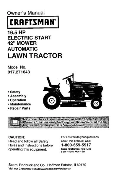 Owner s Manual Sears Craftsman 16.5 HP Lawn Tractor 42 Mower