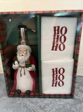 CHRISTMAS SANTA CLAUSE 3 PC SOAP DISPENSER FINGERTIP TOWELS HOME BATHROOM DECOR