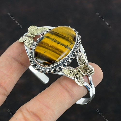 925 Sterling Silver Tiger's Eye Stone Bezel Wedding New Butterfly Bangle Jewelry - Picture 4 of 6