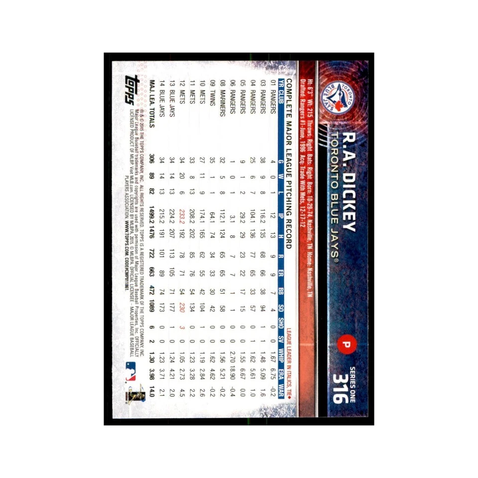 R.A. Dickey 2015 Topps #316 Baseball Cards Baseball Card NM - Image 2 of 3