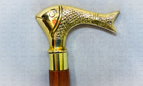 halloween Stick Wooden Walking Stick With Brass Fish Shape Handle Walking cane - Picture 2 of 4