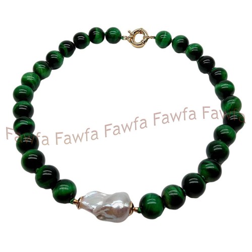 12mm Green Malachite Round Gems Beads White Keshi Baroque Pearl Necklace 18'' - Picture 4 of 5