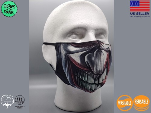 Scary Clown Glow In Dark Mask For Adults Cotton Reusable Washable Filter Pocket - Picture 2 of 4
