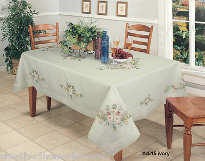 Ribbon Embroidered Daisy Floral Sheer Tablecloth 70x120'' Ivory Creative Linens