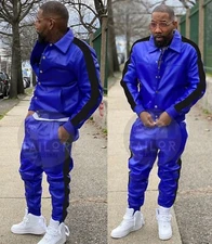 Men's Brayden 100% Genuine Lambskin Leather TrackSuit Sweatsuit [Blue/Black]