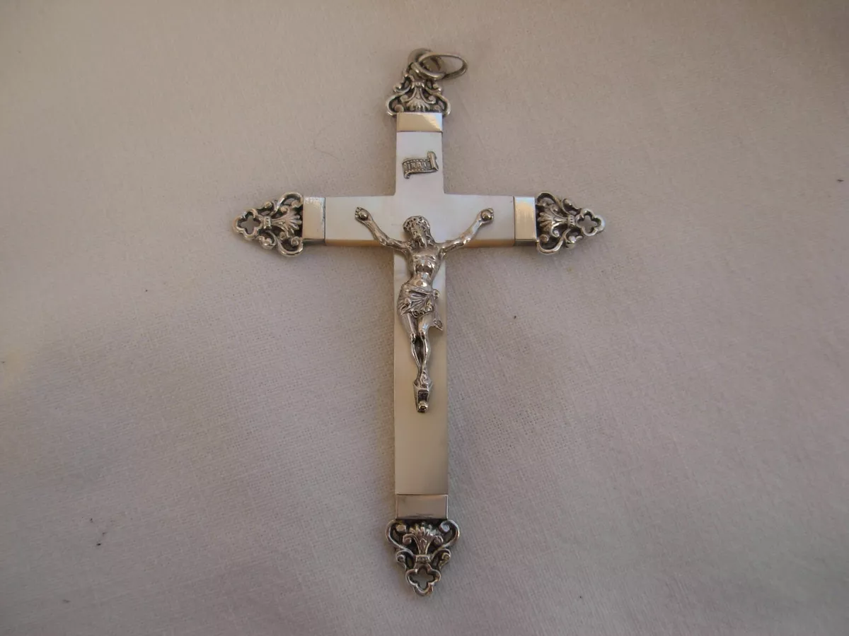 ANTIQUE FRENCH SOLID SILVER MOTHER OF PEARL CRUCIFIX PENDANT EARLY