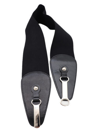 Women Black Faux Leather Elastic Hip Waisted Belt Silver Metal Long Buckle S M - Picture 4 of 24
