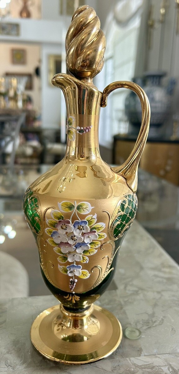 VINTAGE MURANO ITALIAN VENETIAN GLASS DECANTER W/ ENAMEL FLOWERS