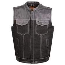 MILWAUKEE LEATHER MEN'S CONCEAL CARRY BLACK DENIM LEATHER CLUB STYLE VEST -USAPY