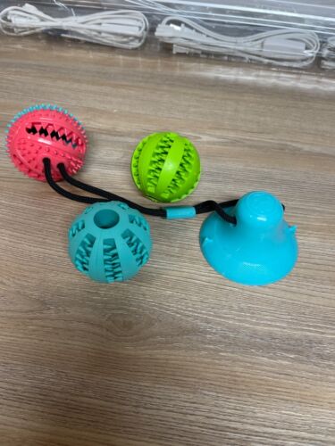 3 Treat Dispensing Balls 1 w/Rope Suction Cup Pet Toys Dog Toothbrush NEW No Box