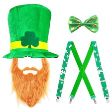 St. Patricks Day Velvet Top Hat with Fake Brown Beard Tie Suspenders Set Gree...