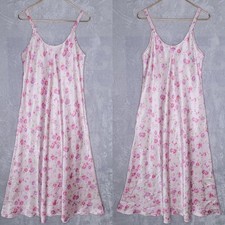 Vintage Silky Pink Floral Slip Maxi Dress Size M Rosettes Sleeveless Full Skirt