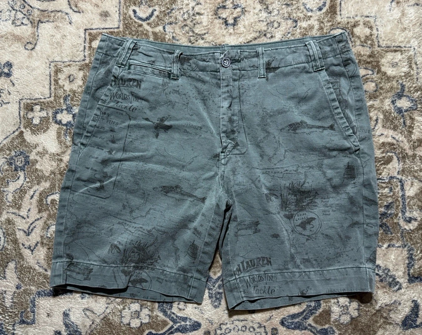 Polo Ralph Lauren Trout Fish Hunting AOP Print Pattern Green Shorts Men’s 36x8