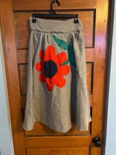 Vintage Handcrafted Gray Wool swing Skirt With Red Floral Appliqu Zipper READ