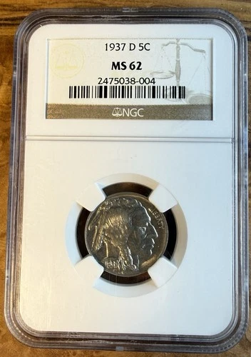 1937-D BUFFALO NICKEL NGC MS62. Free Shipping.