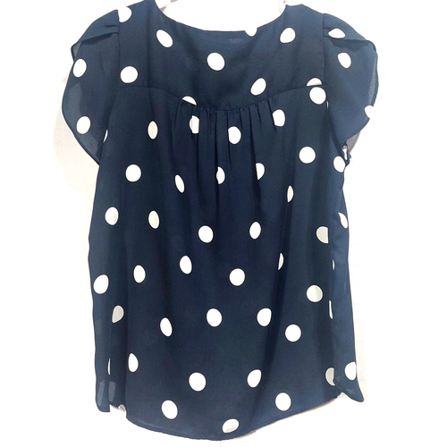 Loft Womens Large Petite Blouse Short Petal Sleeves Navy Polka Dot Lightweight - Picture 5 of 7