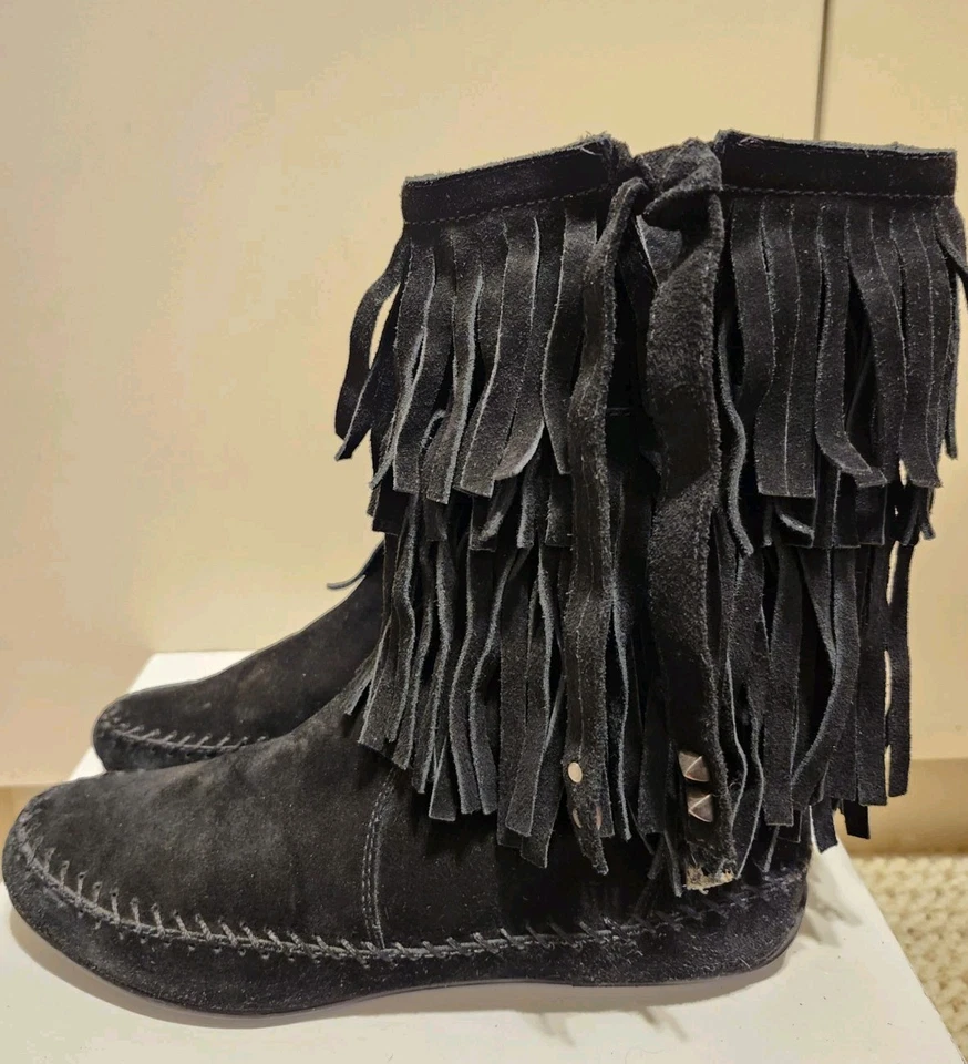 Винтажный новом Y2K Juicy Couture черная замша бахрома жесткая подошва мокасины ботинки Sz.7  - Изображение 2 из 4