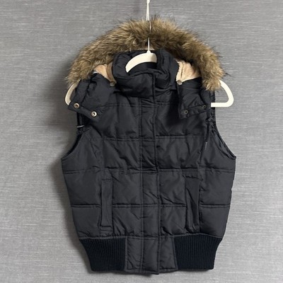 Vintage y2k Down Puffer Vest 2 Black Quilted Cropped Fur Trim Hooded